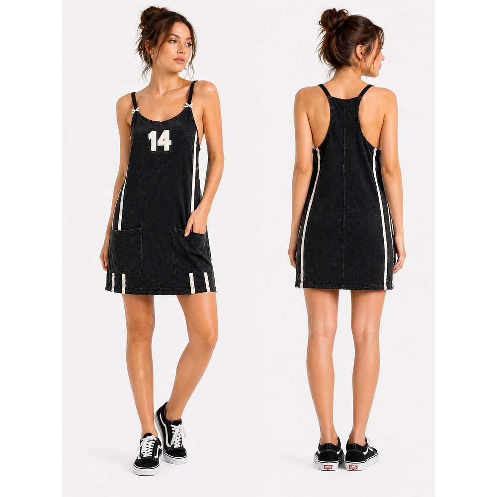 Vinyl Threads Mini‎ Dress Womens XS Black Sporty Jersey 14 Varsity Athleisure